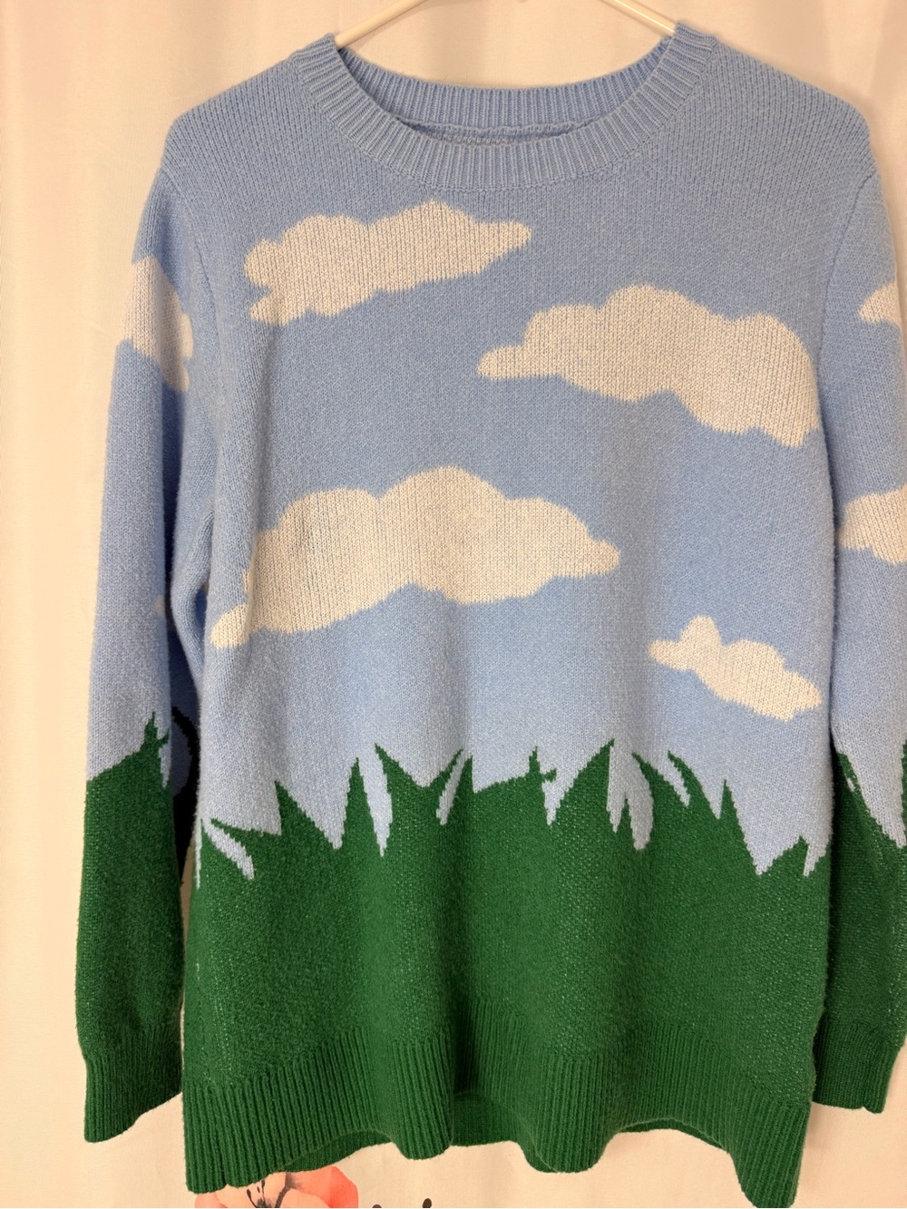 BloomChic Sky & Grass Crewneck Sweater in Light Blue, White & Green